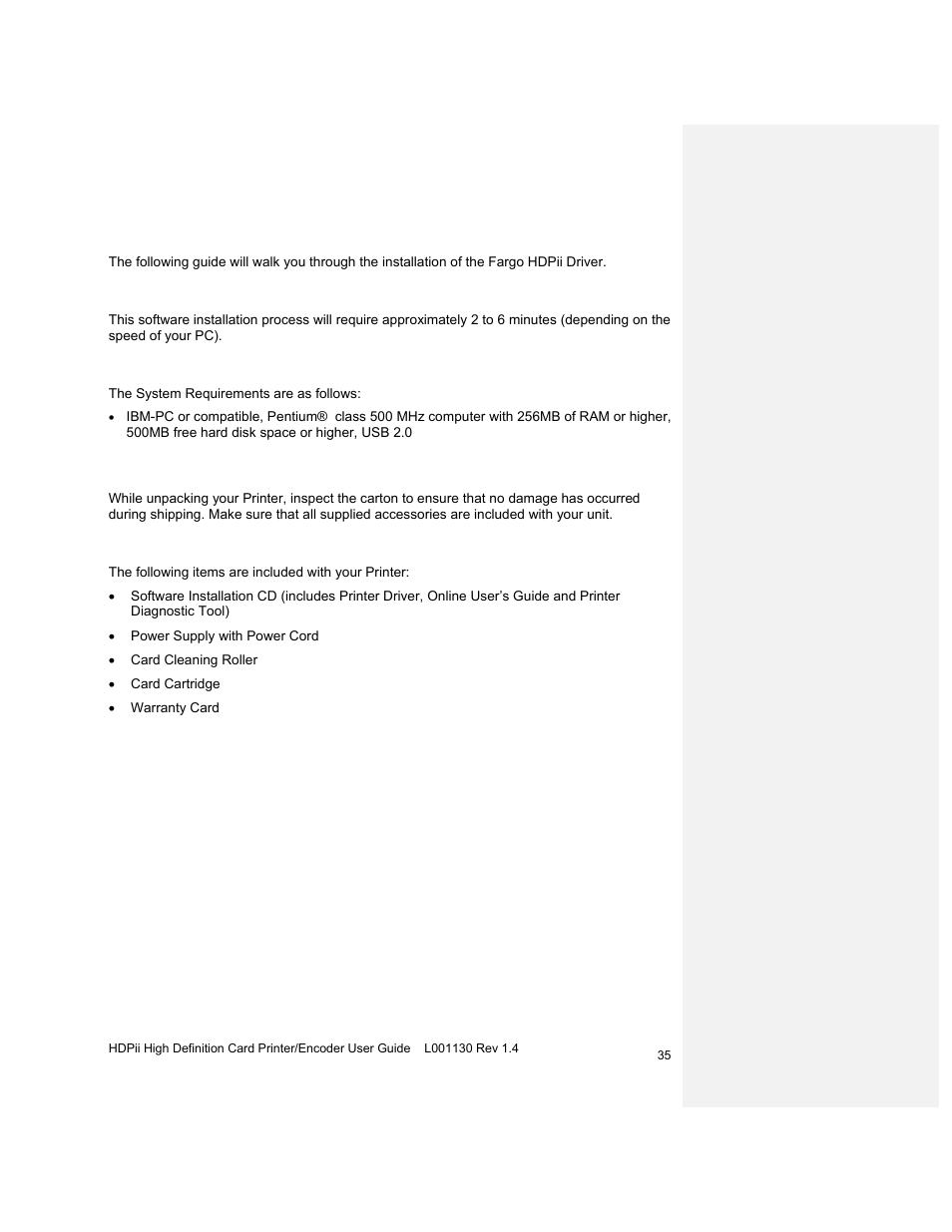 Introduction, Time requirement, System requirements | Inspection – hdpii, Unpacking the printer | HID FARGO HDPii User Guide User Manual | Page 35 / 310