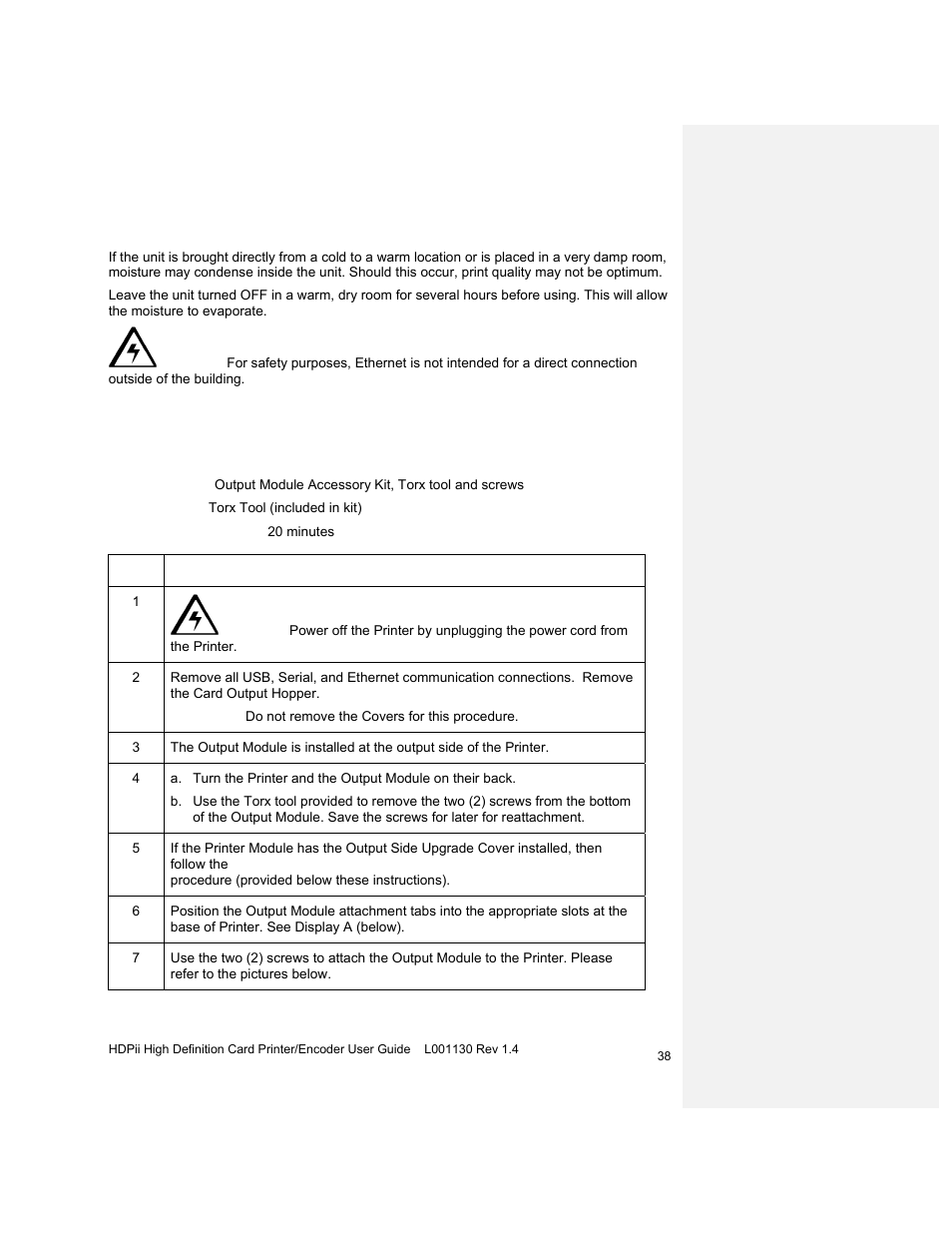About moisture condensation, Module installation procedures, Installing the output module accessory | HID FARGO HDPii User Guide User Manual | Page 38 / 310