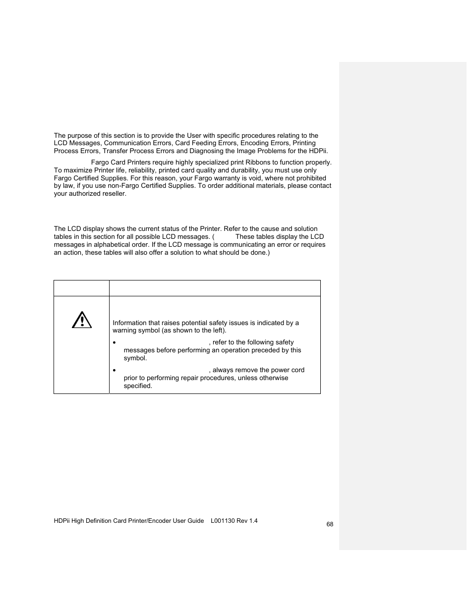 Section 5: general troubleshooting, Lcd messages, Safety messages (review carefully) | HID FARGO HDPii User Guide User Manual | Page 68 / 310