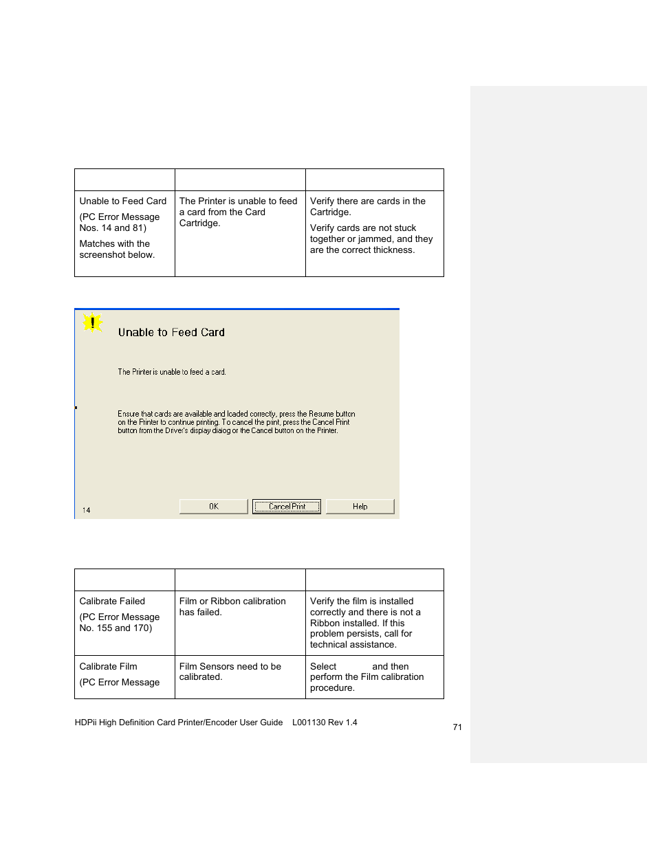 Troubleshooting with the lcd error message table | HID FARGO HDPii User Guide User Manual | Page 71 / 310