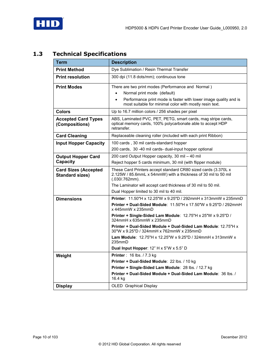 3 technical specifications, Technical specifications | HID HDPii Plus User Guide 2.0 User Manual | Page 10 / 103
