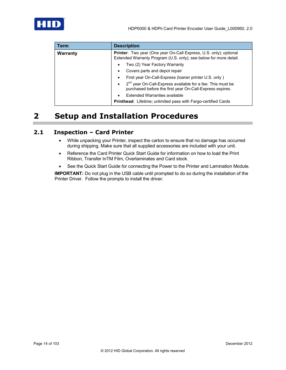 2 setup and installation procedures, 1 inspection – card printer, Setup and installation procedures | Inspection – card printer, 2setup and installation procedures | HID HDPii Plus User Guide 2.0 User Manual | Page 14 / 103