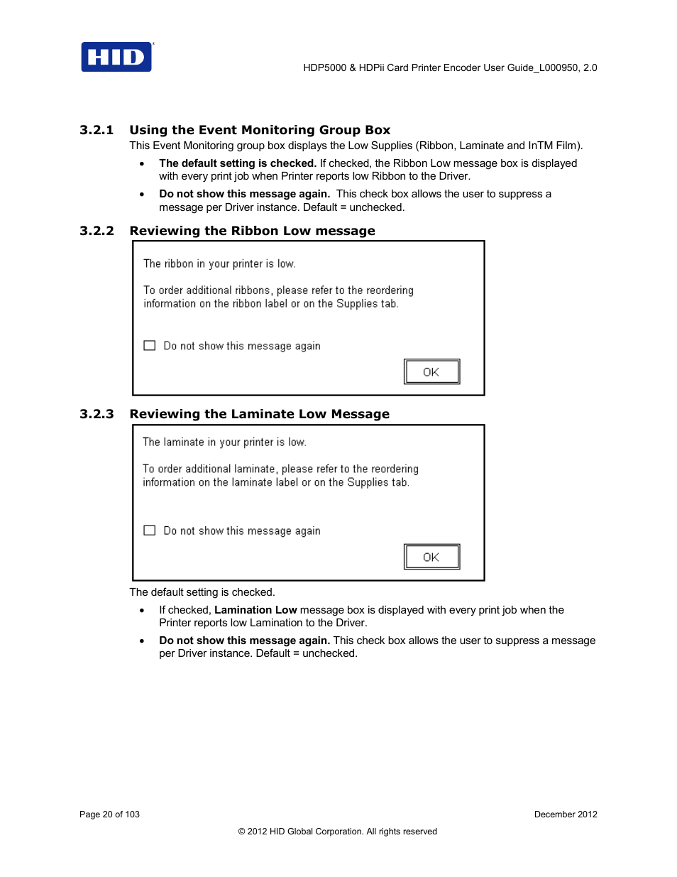 1 using the event monitoring group box, 2 reviewing the ribbon low message, 3 reviewing the laminate low message | HID HDPii Plus User Guide 2.0 User Manual | Page 20 / 103