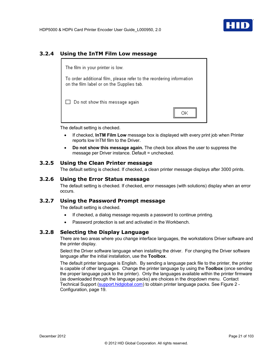 4 using the intm film low message, 5 using the clean printer message, 6 using the error status message | 7 using the password prompt message, 8 selecting the display language | HID HDPii Plus User Guide 2.0 User Manual | Page 21 / 103