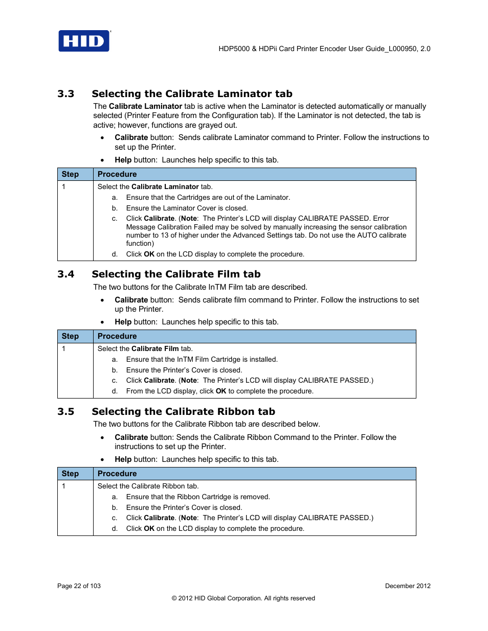 3 selecting the calibrate laminator tab, 4 selecting the calibrate film tab, 5 selecting the calibrate ribbon tab | Selecting the calibrate laminator tab, Selecting the calibrate film tab, Selecting the calibrate ribbon tab | HID HDPii Plus User Guide 2.0 User Manual | Page 22 / 103