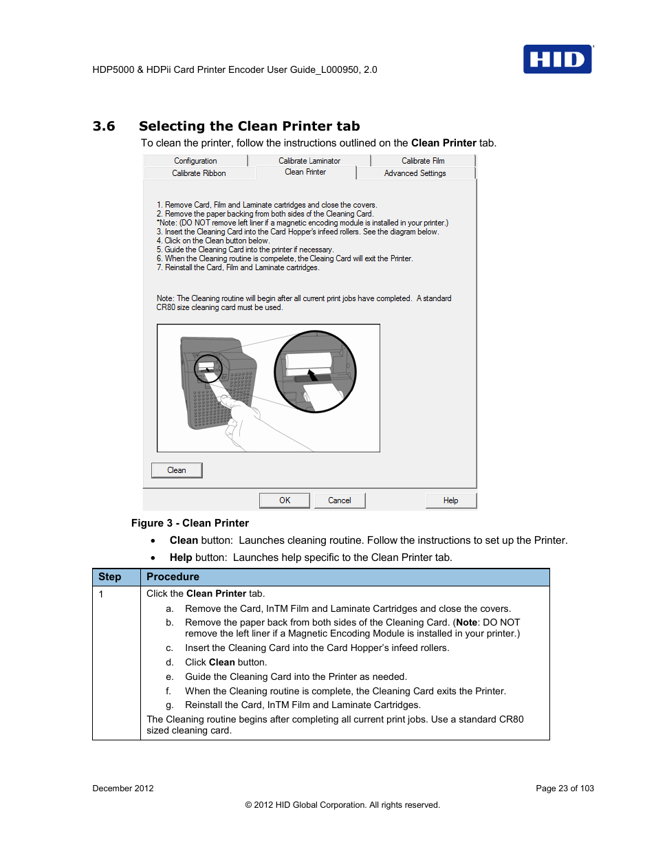 6 selecting the clean printer tab, Selecting the clean printer tab, Figure 3 - clean printer | HID HDPii Plus User Guide 2.0 User Manual | Page 23 / 103