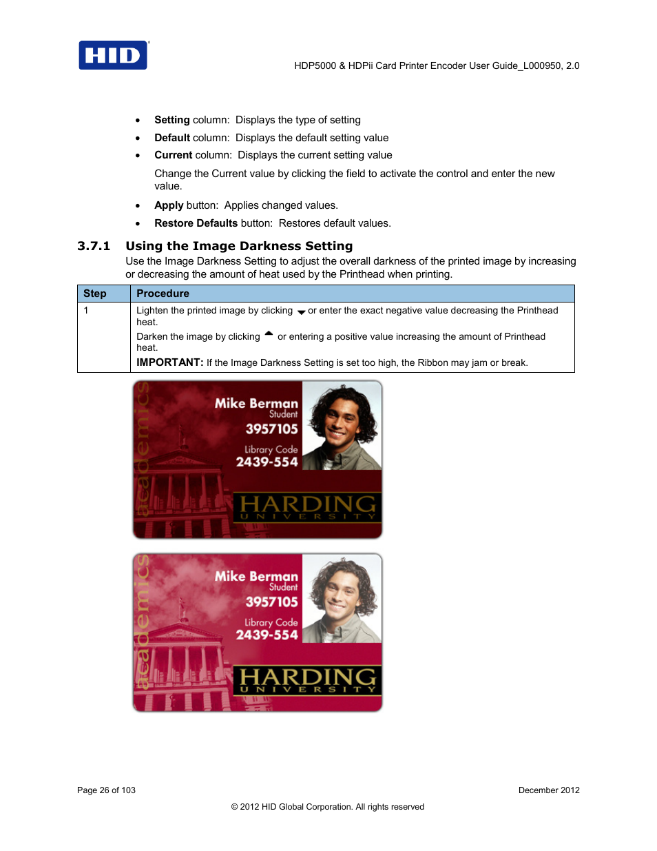 1 using the image darkness setting | HID HDPii Plus User Guide 2.0 User Manual | Page 26 / 103