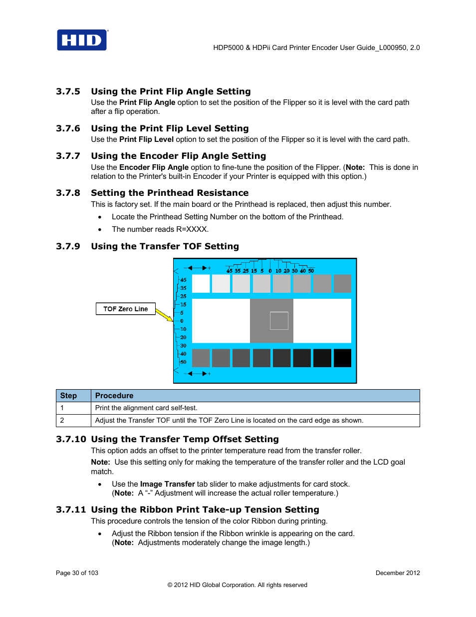 5 using the print flip angle setting, 6 using the print flip level setting, 7 using the encoder flip angle setting | 8 setting the printhead resistance, 9 using the transfer tof setting, 10 using the transfer temp offset setting, 11 using the ribbon print take-up tension setting | HID HDPii Plus User Guide 2.0 User Manual | Page 30 / 103