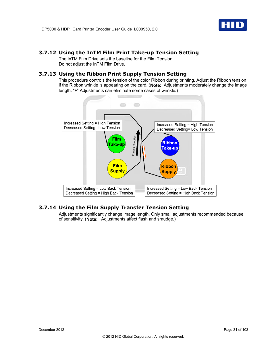 13 using the ribbon print supply tension setting, 14 using the film supply transfer tension setting | HID HDPii Plus User Guide 2.0 User Manual | Page 31 / 103