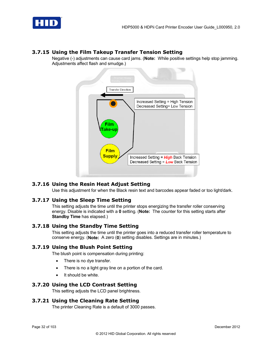 15 using the film takeup transfer tension setting, 16 using the resin heat adjust setting, 17 using the sleep time setting | 18 using the standby time setting, 19 using the blush point setting, 20 using the lcd contrast setting, 21 using the cleaning rate setting | HID HDPii Plus User Guide 2.0 User Manual | Page 32 / 103