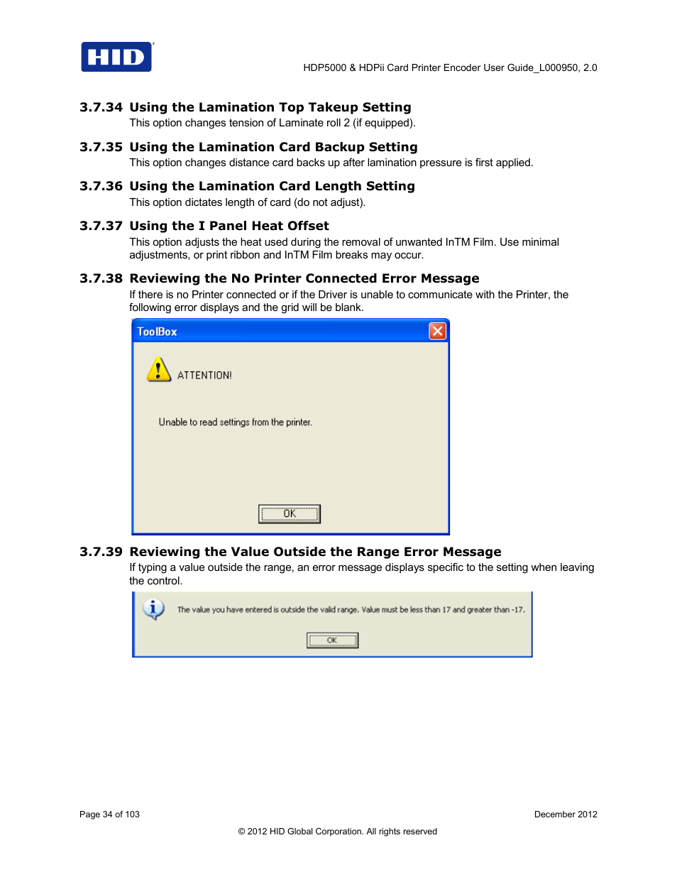 34 using the lamination top takeup setting, 35 using the lamination card backup setting, 36 using the lamination card length setting | 37 using the i panel heat offset | HID HDPii Plus User Guide 2.0 User Manual | Page 34 / 103