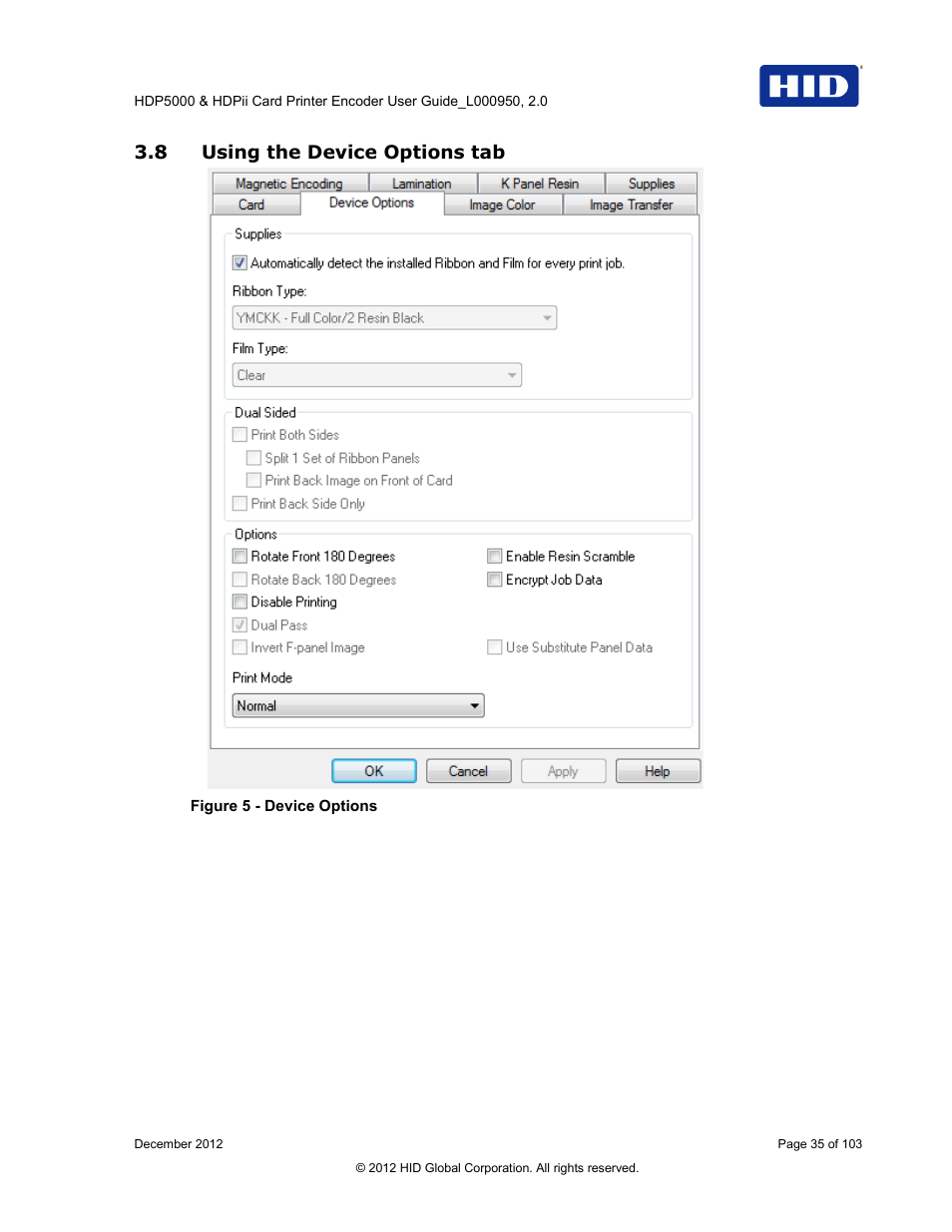 8 using the device options tab, Using the device options tab, Figure 5 - device options | HID HDPii Plus User Guide 2.0 User Manual | Page 35 / 103