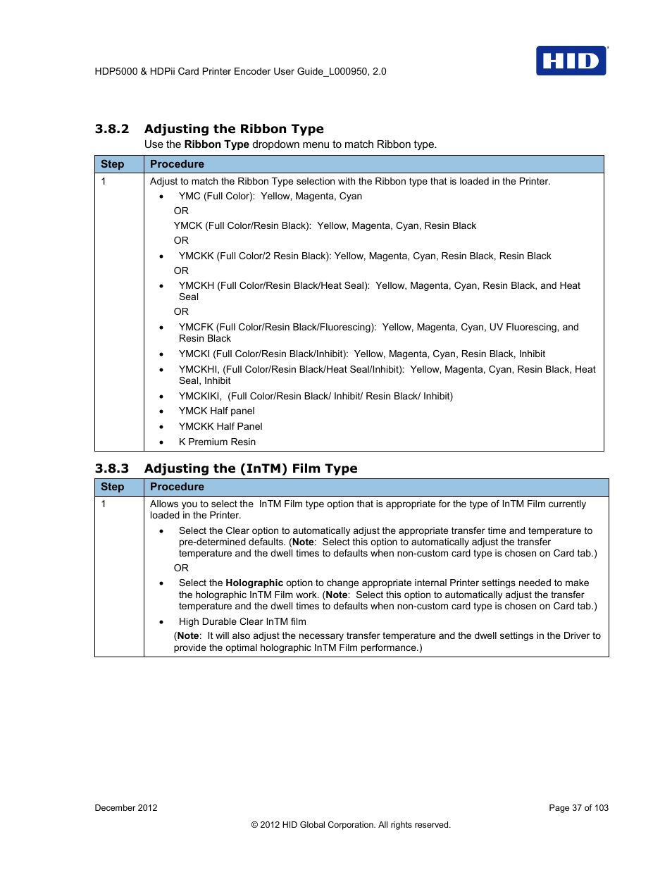 2 adjusting the ribbon type, 3 adjusting the (intm) film type | HID HDPii Plus User Guide 2.0 User Manual | Page 37 / 103