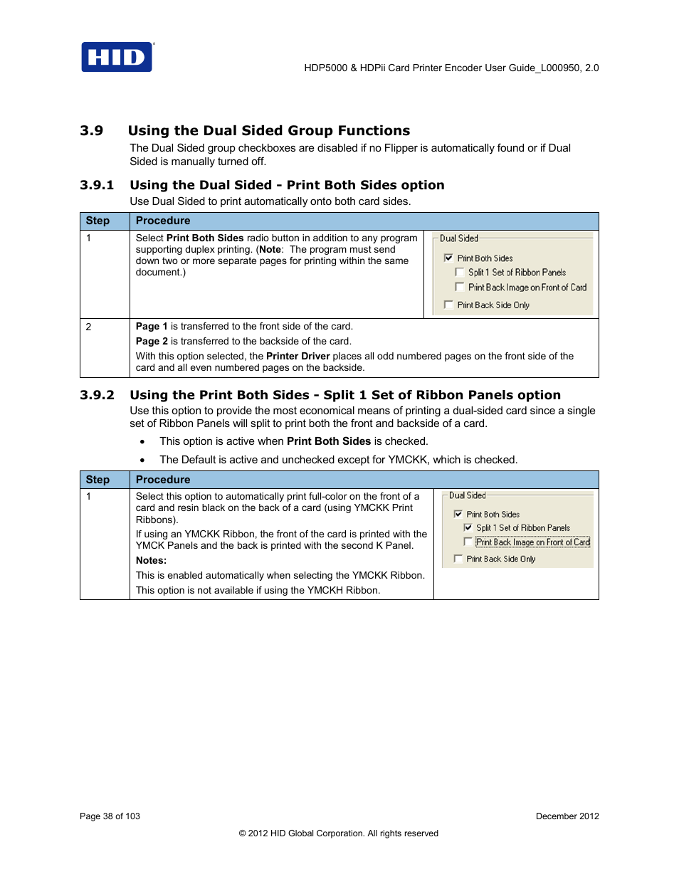 9 using the dual sided group functions, 1 using the dual sided - print both sides option, Using the dual sided group functions | HID HDPii Plus User Guide 2.0 User Manual | Page 38 / 103