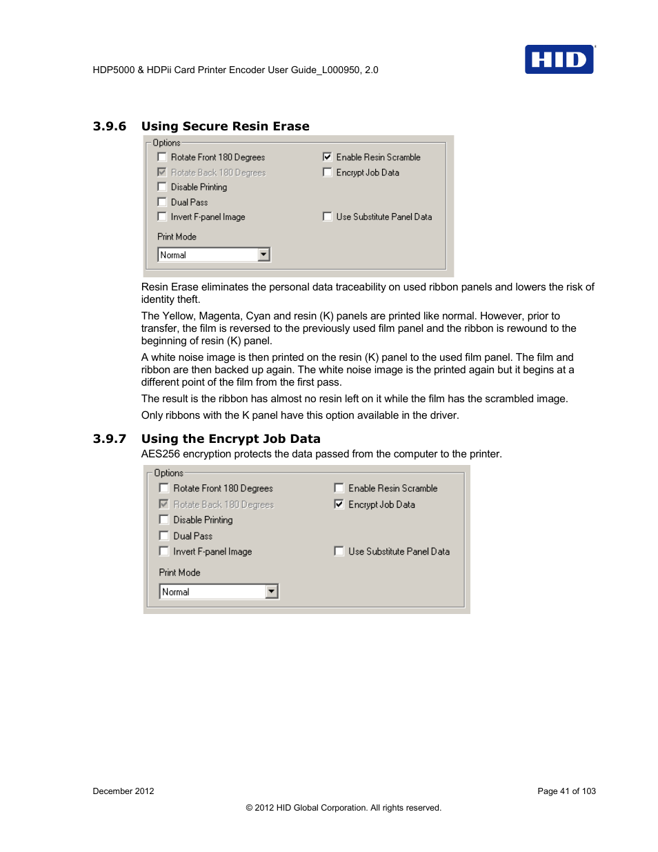6 using secure resin erase, 7 using the encrypt job data | HID HDPii Plus User Guide 2.0 User Manual | Page 41 / 103
