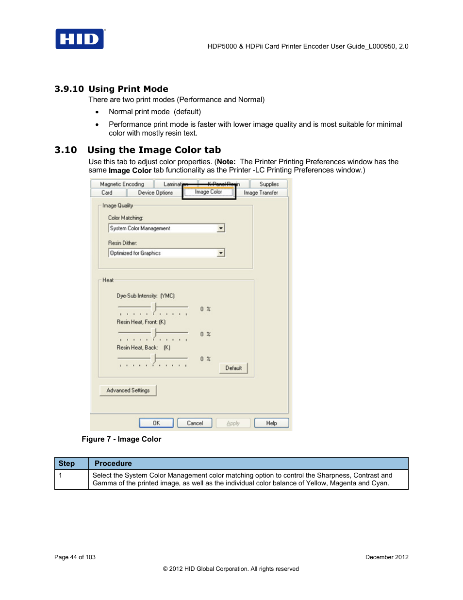 10 using print mode, 10 using the image color tab, Using the image color tab | Figure 7 - image color | HID HDPii Plus User Guide 2.0 User Manual | Page 44 / 103
