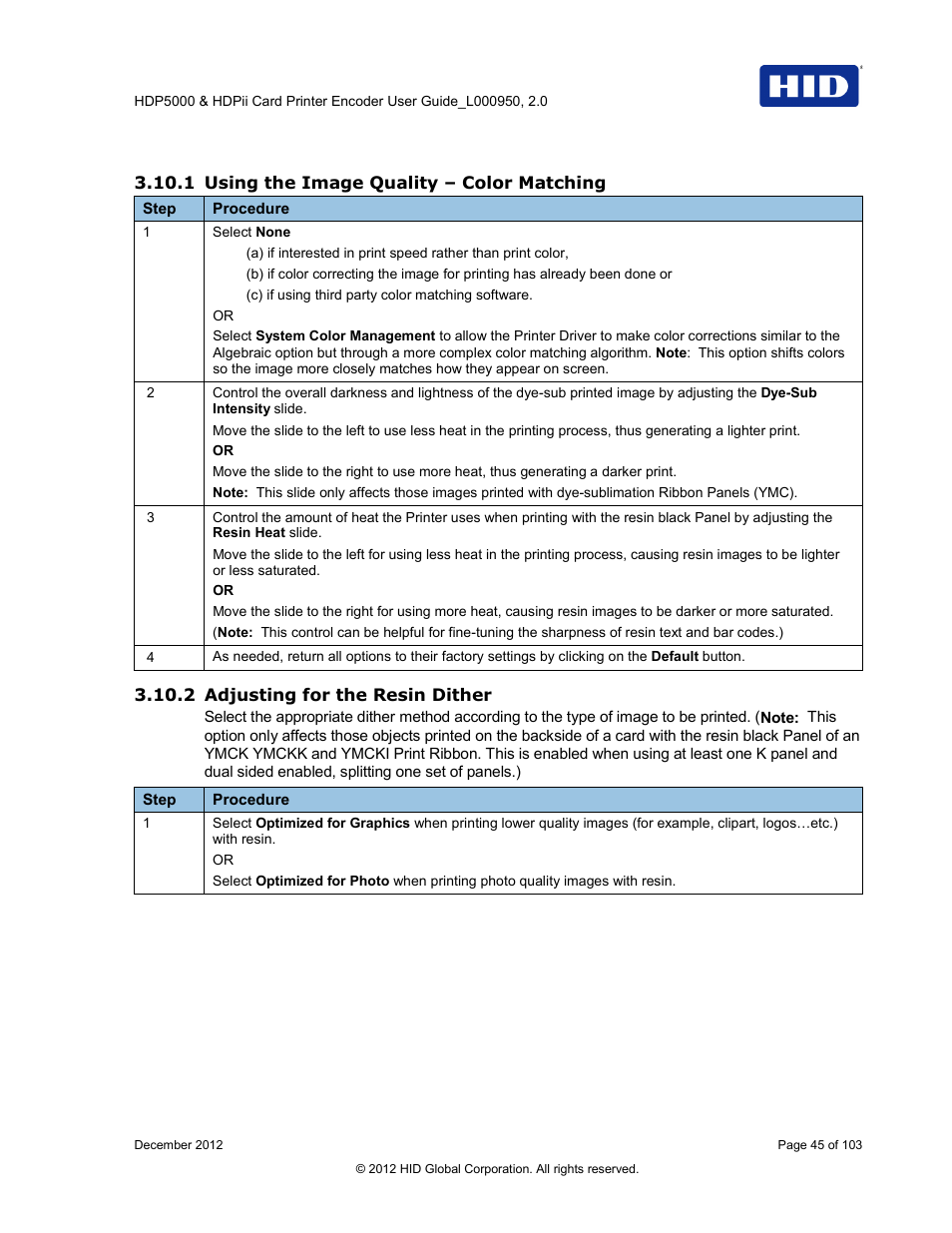 1 using the image quality – color matching, 2 adjusting for the resin dither | HID HDPii Plus User Guide 2.0 User Manual | Page 45 / 103