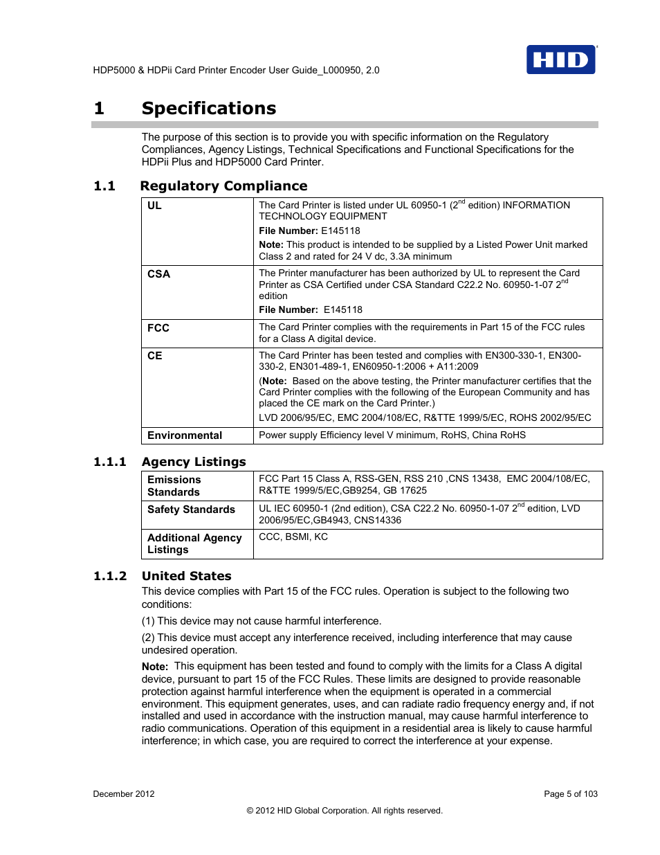 1 specifications, 1 regulatory compliance, 1 agency listings | 2 united states, Specifications, Regulatory compliance, 1specifications | HID HDPii Plus User Guide 2.0 User Manual | Page 5 / 103