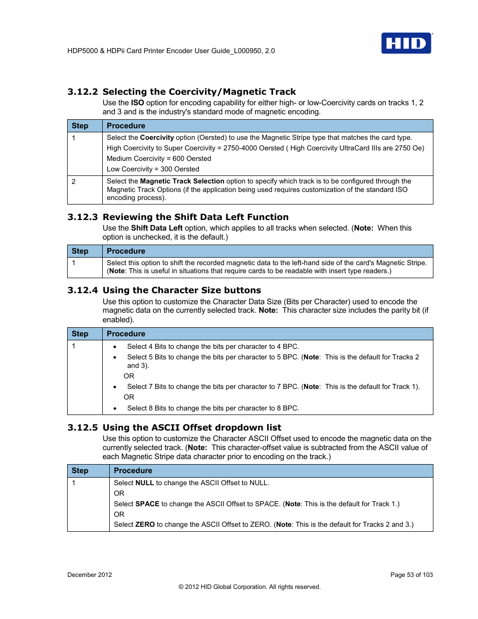 2 selecting the coercivity/magnetic track, 3 reviewing the shift data left function, 4 using the character size buttons | 5 using the ascii offset dropdown list | HID HDPii Plus User Guide 2.0 User Manual | Page 53 / 103