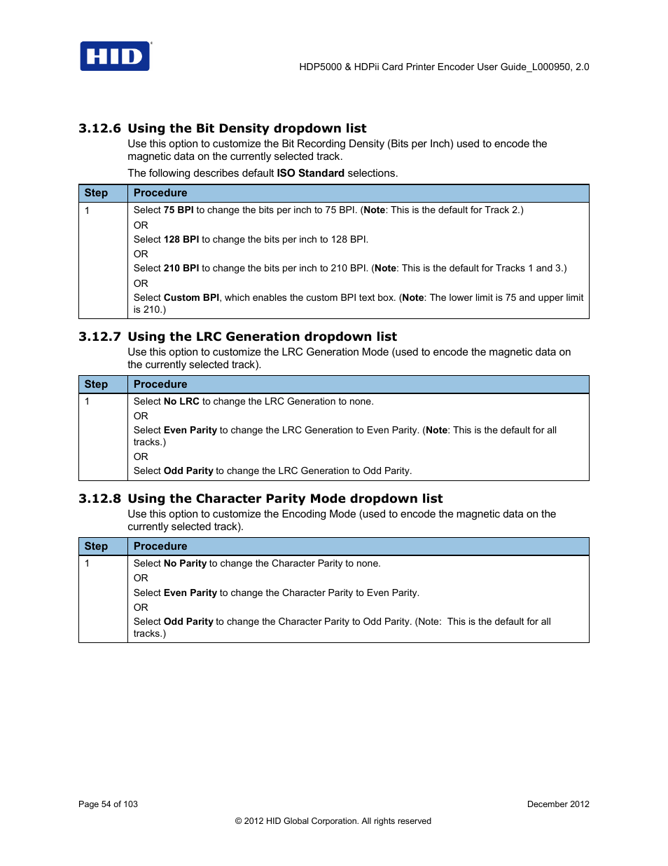 6 using the bit density dropdown list, 7 using the lrc generation dropdown list, 8 using the character parity mode dropdown list | HID HDPii Plus User Guide 2.0 User Manual | Page 54 / 103