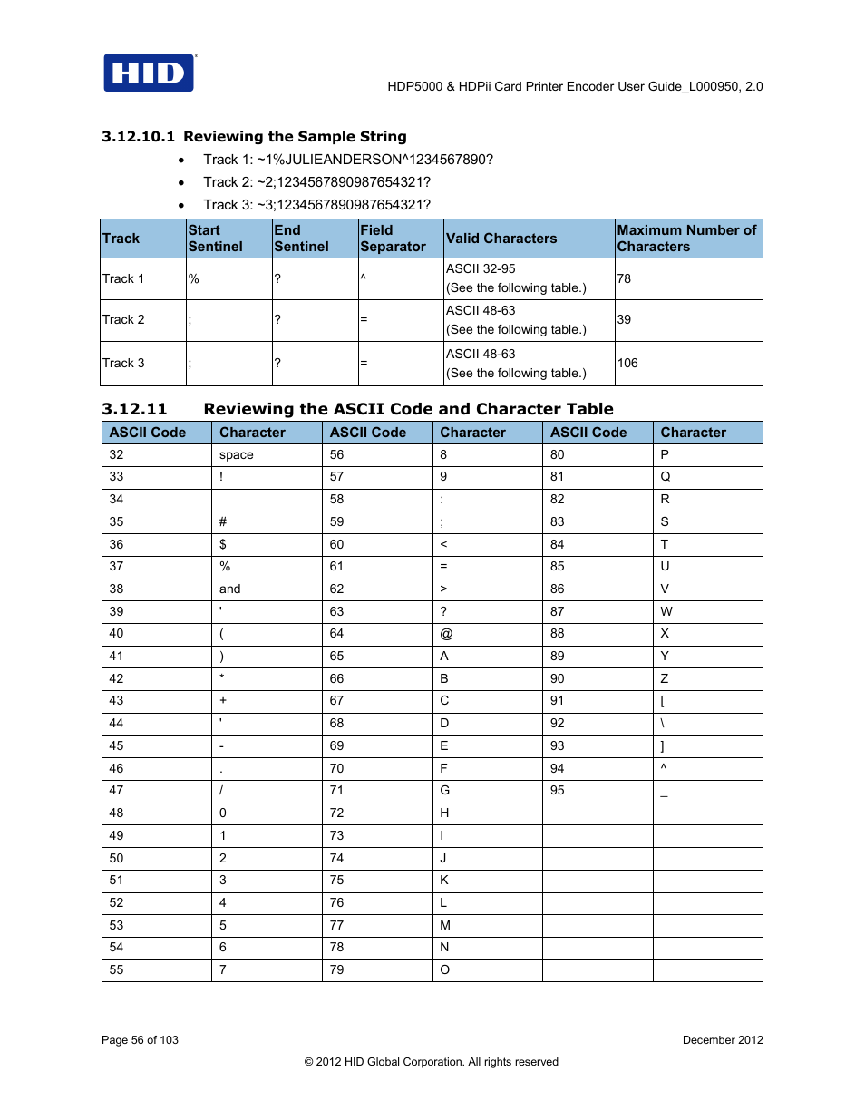 1 reviewing the sample string, 11 reviewing the ascii code and character table | HID HDPii Plus User Guide 2.0 User Manual | Page 56 / 103