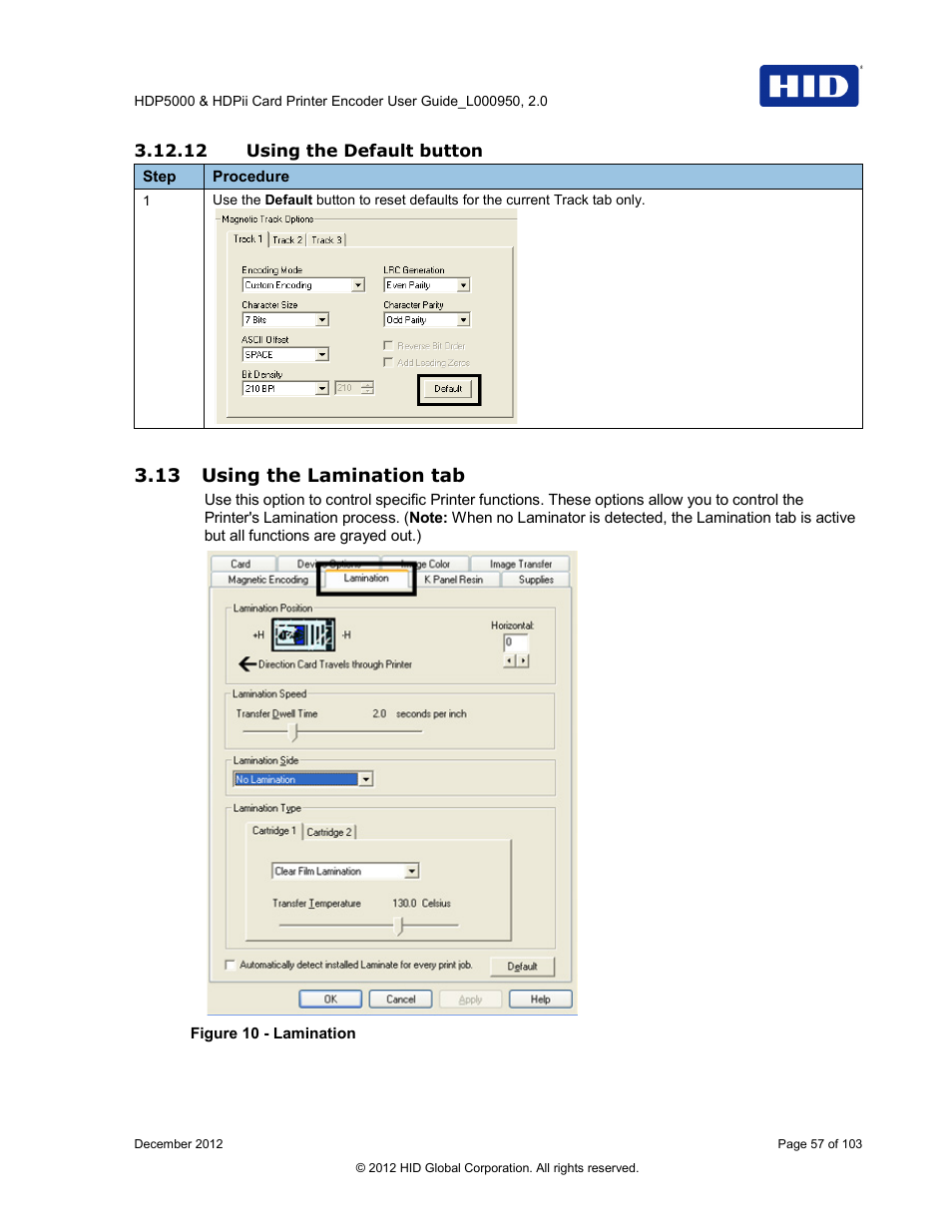 12 using the default button, 13 using the lamination tab, Using the lamination tab | Figure 10 - lamination | HID HDPii Plus User Guide 2.0 User Manual | Page 57 / 103