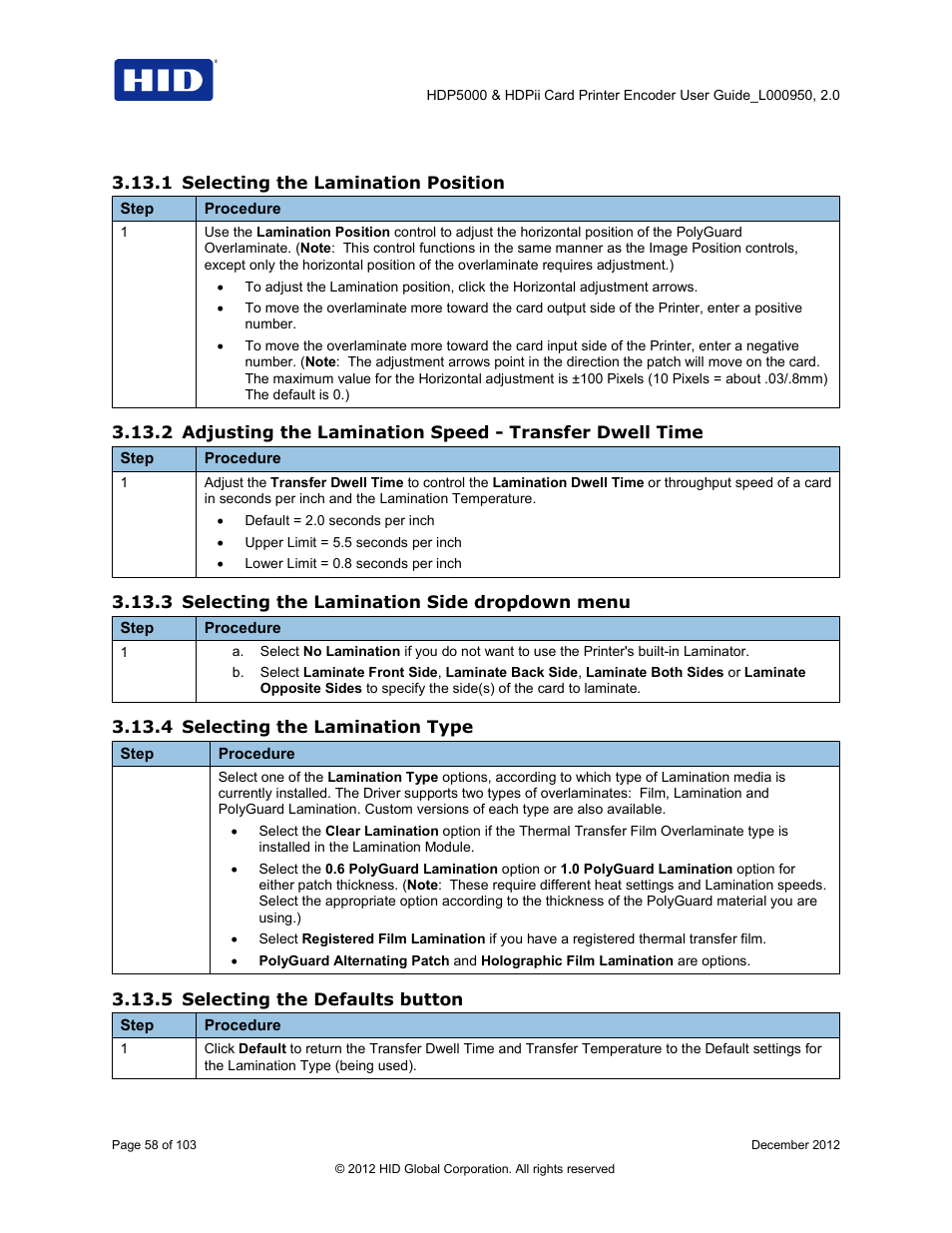 1 selecting the lamination position, 3 selecting the lamination side dropdown menu, 4 selecting the lamination type | 5 selecting the defaults button | HID HDPii Plus User Guide 2.0 User Manual | Page 58 / 103