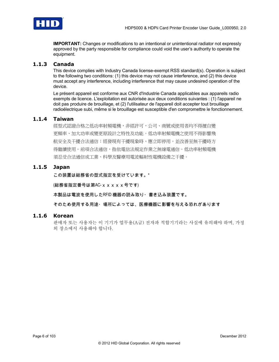 3 canada, 4 taiwan, 5 japan | 6 korean | HID HDPii Plus User Guide 2.0 User Manual | Page 6 / 103