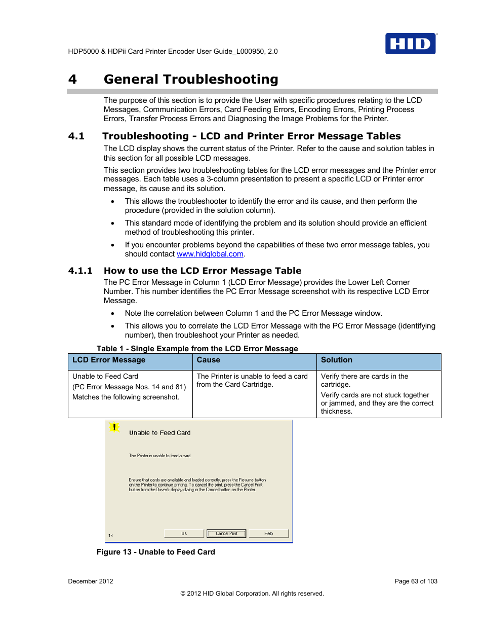 4 general troubleshooting, 1 how to use the lcd error message table, General troubleshooting | Figure 13 - unable to feed card, 4general troubleshooting | HID HDPii Plus User Guide 2.0 User Manual | Page 63 / 103