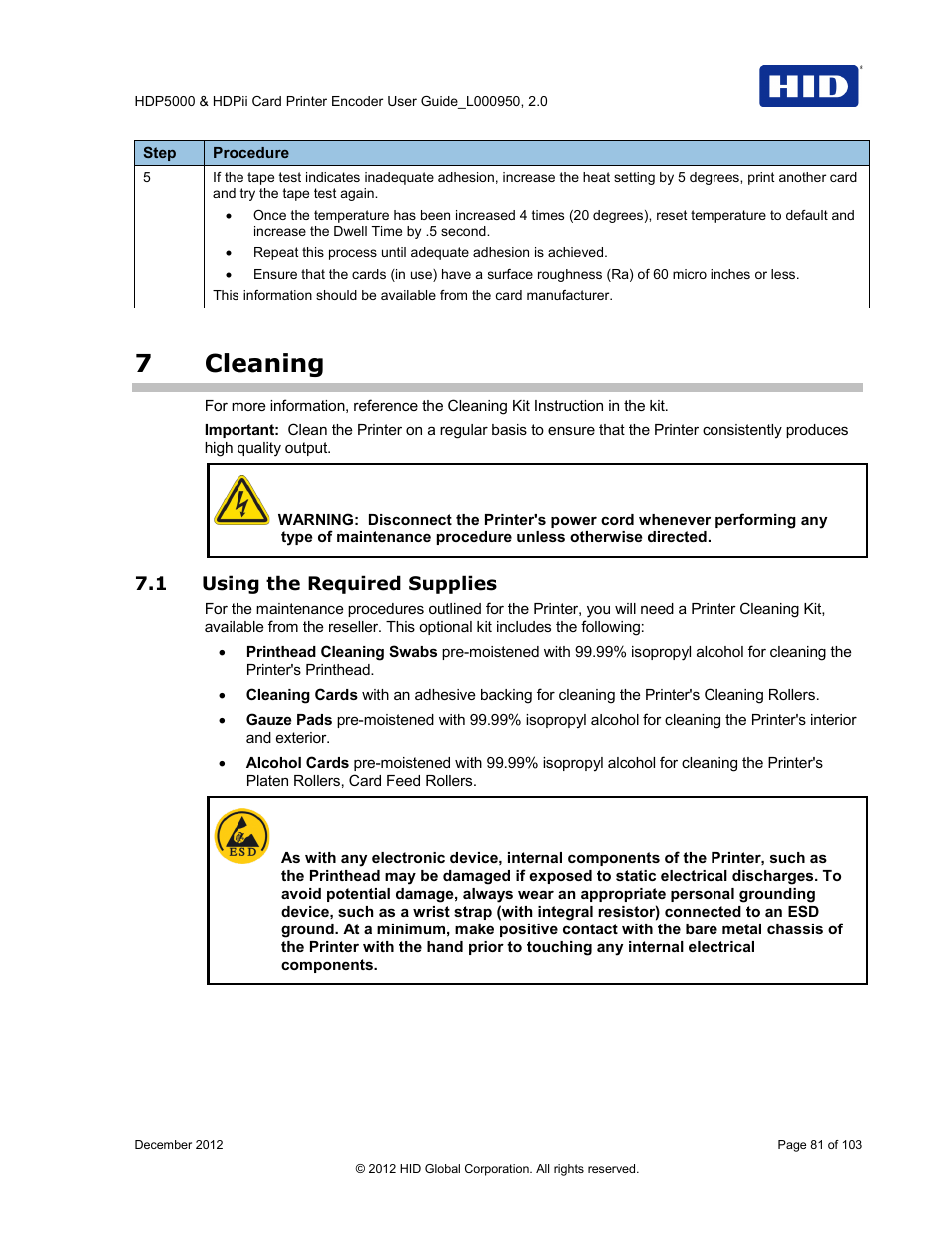 7 cleaning, 1 using the required supplies, Cleaning | Using the required supplies, 7cleaning | HID HDPii Plus User Guide 2.0 User Manual | Page 81 / 103