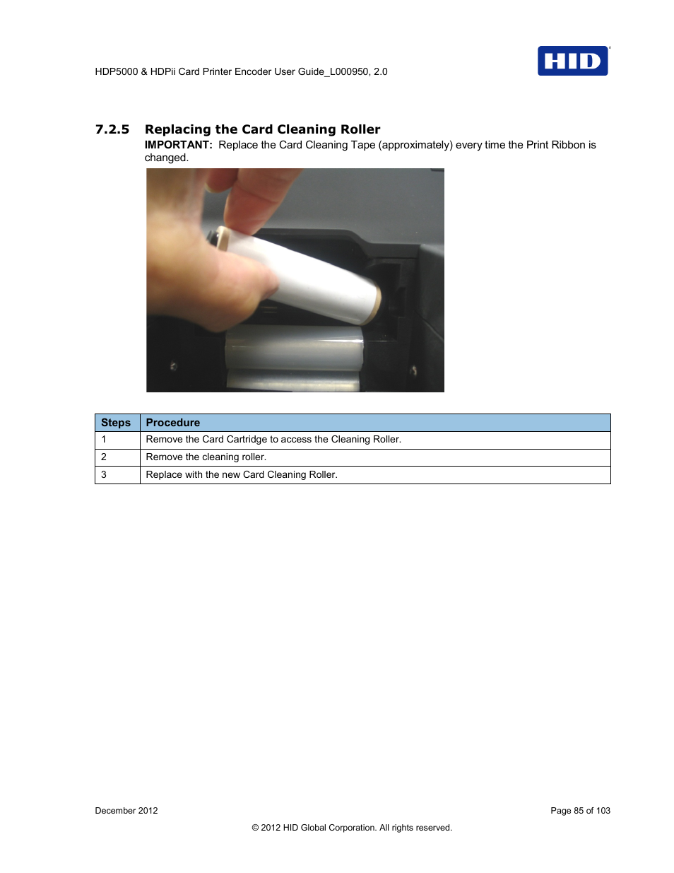 5 replacing the card cleaning roller | HID HDPii Plus User Guide 2.0 User Manual | Page 85 / 103