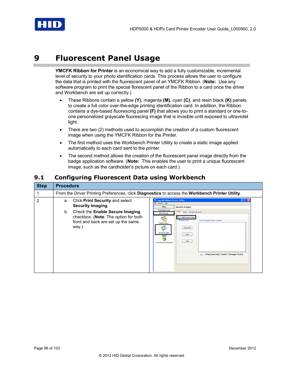 9 fluorescent panel usage, 1 configuring fluorescent data using workbench, Fluorescent panel usage | Configuring fluorescent data using workbench, 9fluorescent panel usage | HID HDPii Plus User Guide 2.0 User Manual | Page 88 / 103