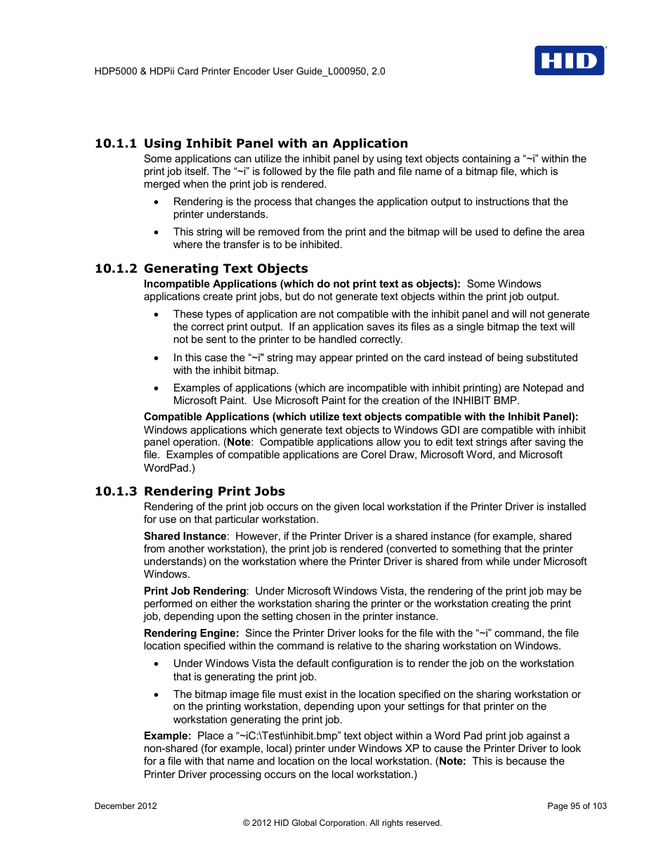 1 using inhibit panel with an application, 2 generating text objects, 3 rendering print jobs | HID HDPii Plus User Guide 2.0 User Manual | Page 95 / 103