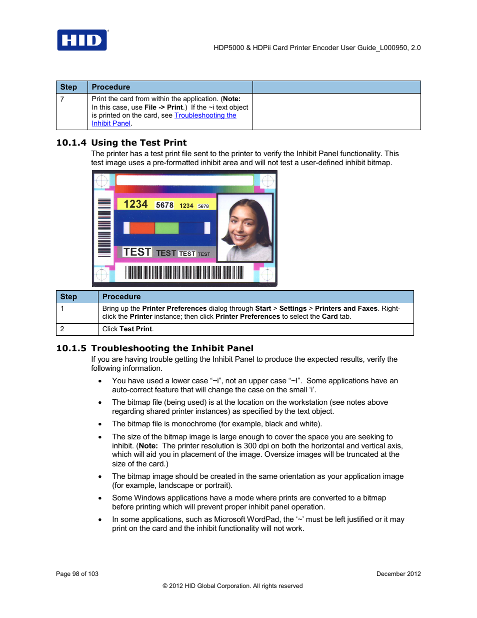 4 using the test print, 5 troubleshooting the inhibit panel | HID HDPii Plus User Guide 2.0 User Manual | Page 98 / 103