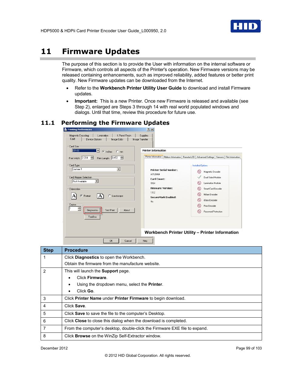 11 firmware updates, 1 performing the firmware updates, Firmware updates | Performing the firmware updates | HID HDPii Plus User Guide 2.0 User Manual | Page 99 / 103
