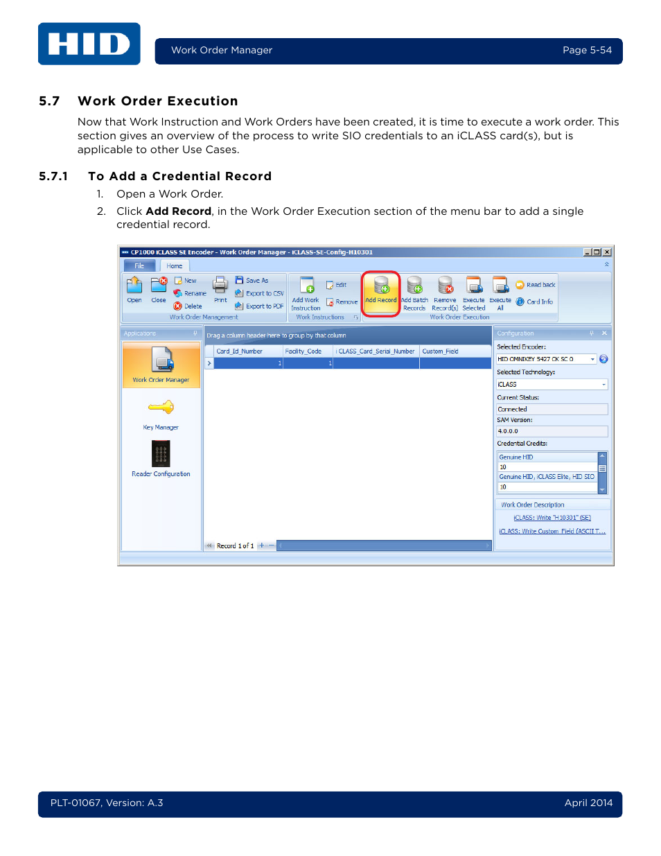 7 work order execution, 1 to add a credential record, Work order execution -54 5.7.1 | To add a credential record -54 | HID iCLASS SE Encoder User Guide User Manual | Page 102 / 186