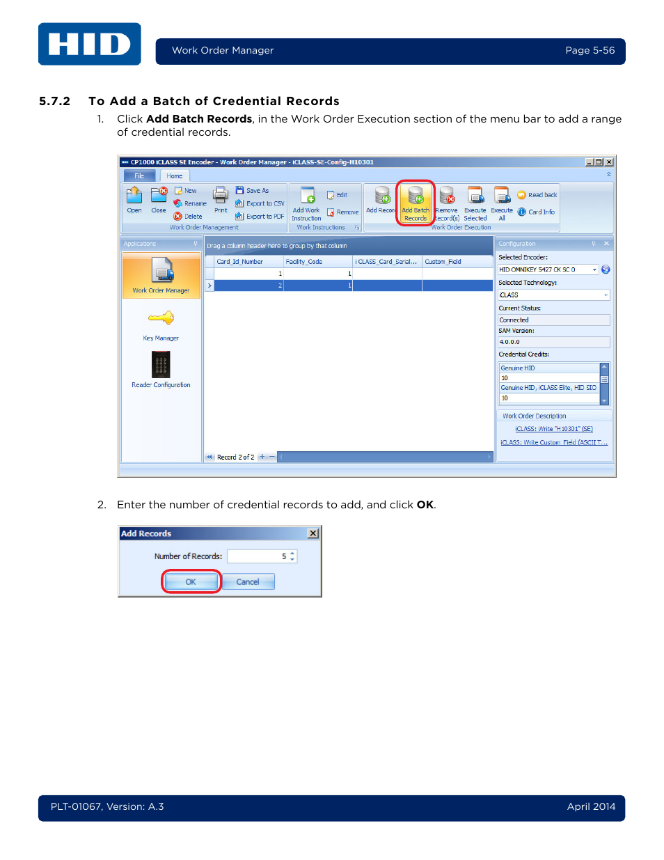 2 to add a batch of credential records, To add a batch of credential records -56 | HID iCLASS SE Encoder User Guide User Manual | Page 104 / 186