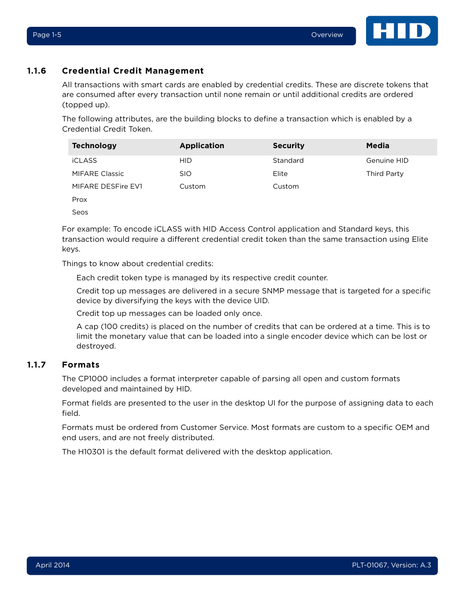 6 credential credit management, 7 formats, Credential credit management -5 | Formats -5 | HID iCLASS SE Encoder User Guide User Manual | Page 11 / 186