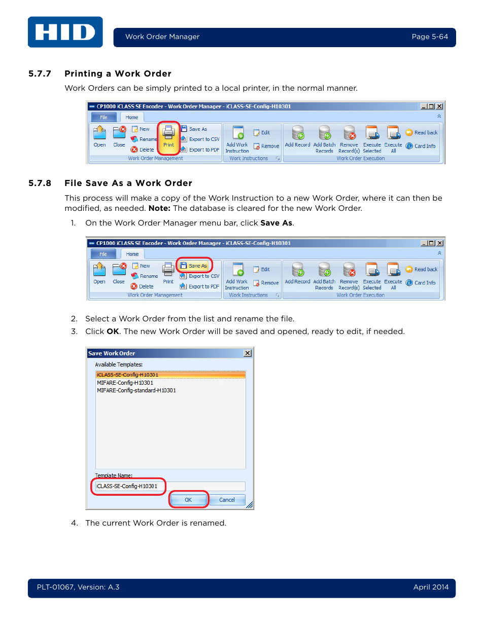 7 printing a work order, 8 file save as a work order, Printing a work order -64 | File save as a work order -64 | HID iCLASS SE Encoder User Guide User Manual | Page 112 / 186