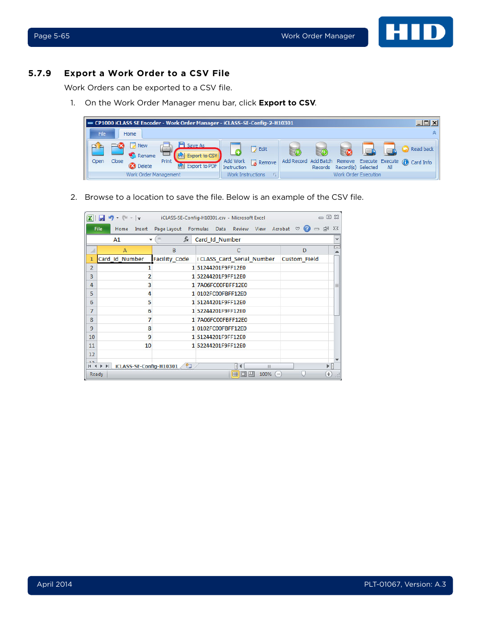 9 export a work order to a csv file, Export a work order to a csv file -65 | HID iCLASS SE Encoder User Guide User Manual | Page 113 / 186