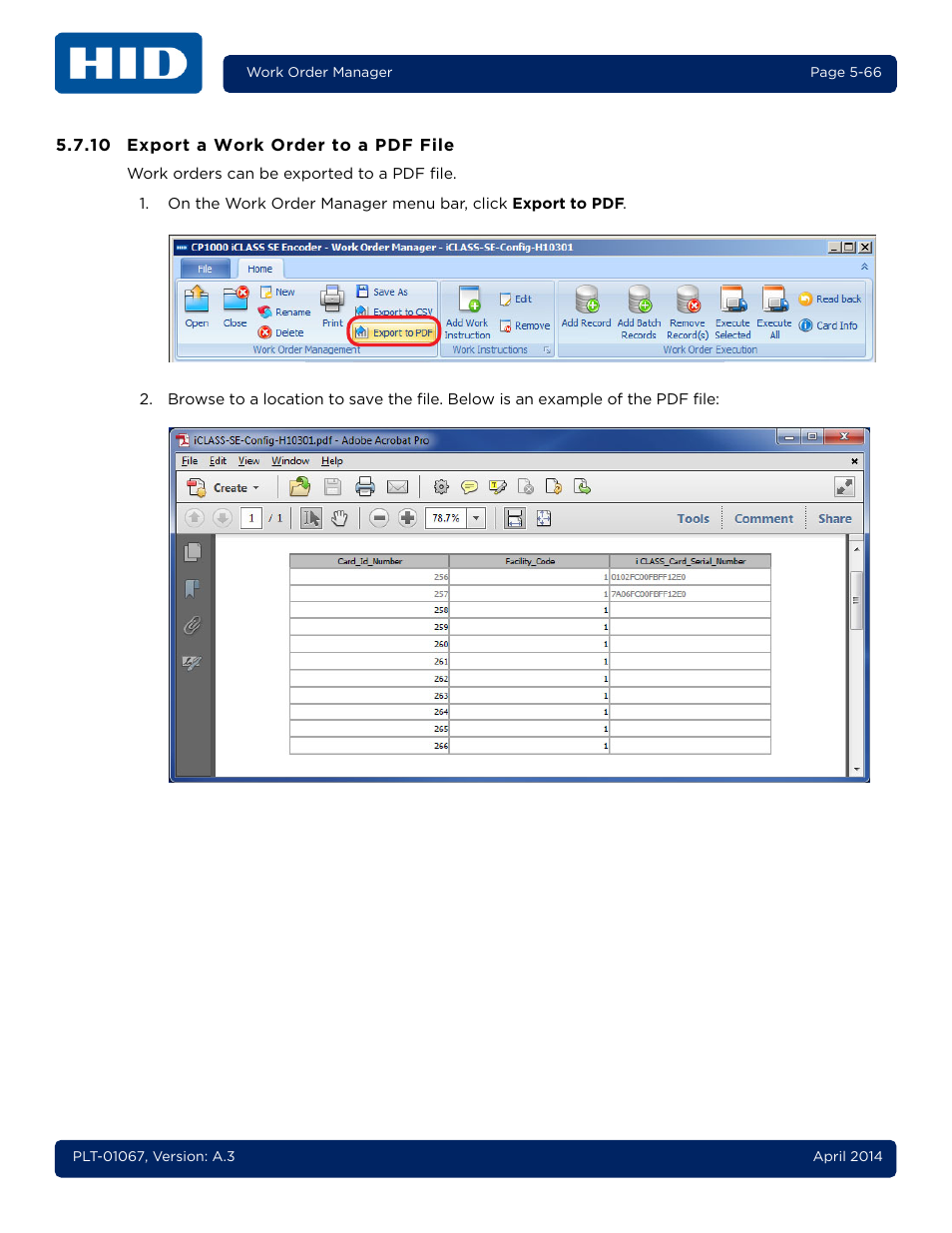 10 export a work order to a pdf file, Export a work order to a pdf file -66 | HID iCLASS SE Encoder User Guide User Manual | Page 114 / 186