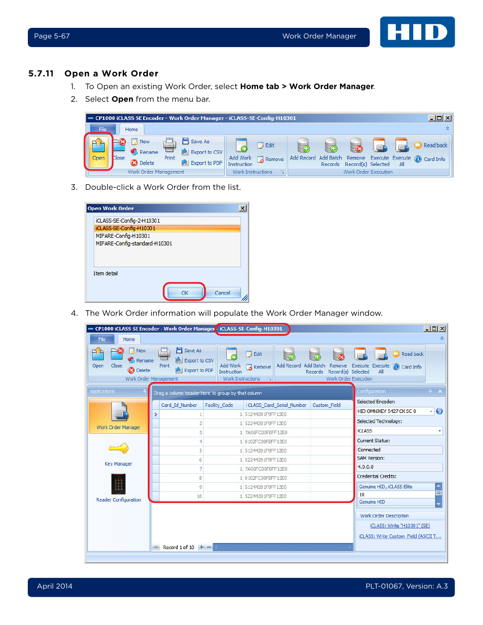 11 open a work order, Open a work order -67 | HID iCLASS SE Encoder User Guide User Manual | Page 115 / 186