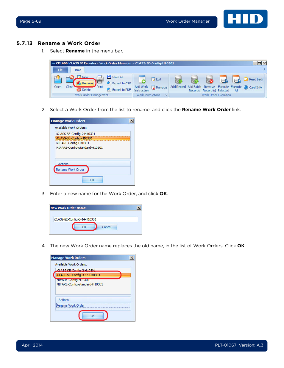 13 rename a work order, Rename a work order -69 | HID iCLASS SE Encoder User Guide User Manual | Page 117 / 186