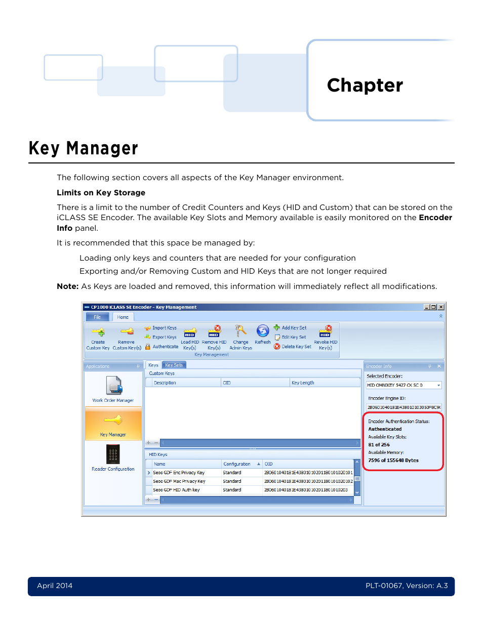 6 - key manager, Chapter 6: key manager -1, Chapter | Key manager | HID iCLASS SE Encoder User Guide User Manual | Page 119 / 186