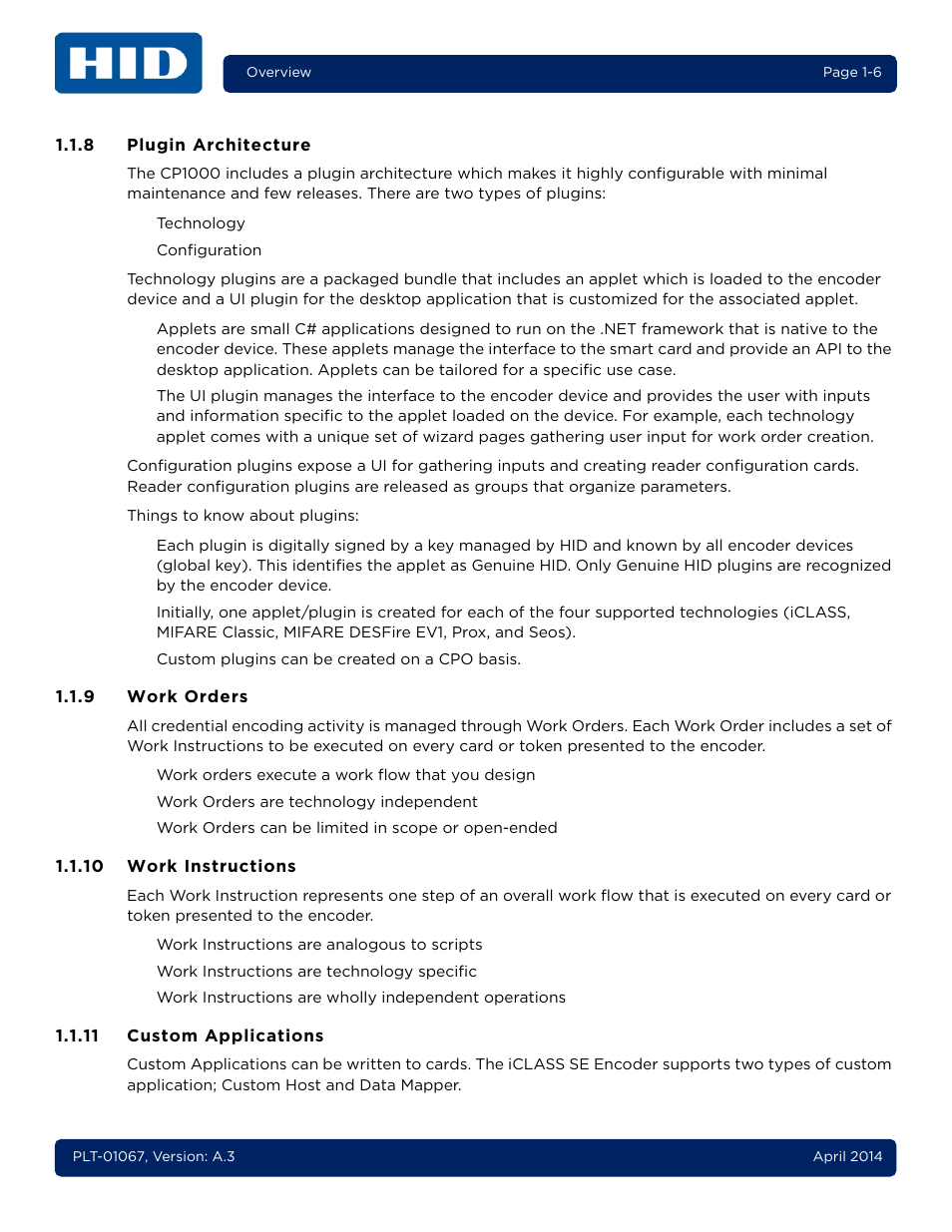 8 plugin architecture, 9 work orders, 10 work instructions | 11 custom applications, Plugin architecture -6, Work orders -6, Work instructions -6, Custom applications -6 | HID iCLASS SE Encoder User Guide User Manual | Page 12 / 186