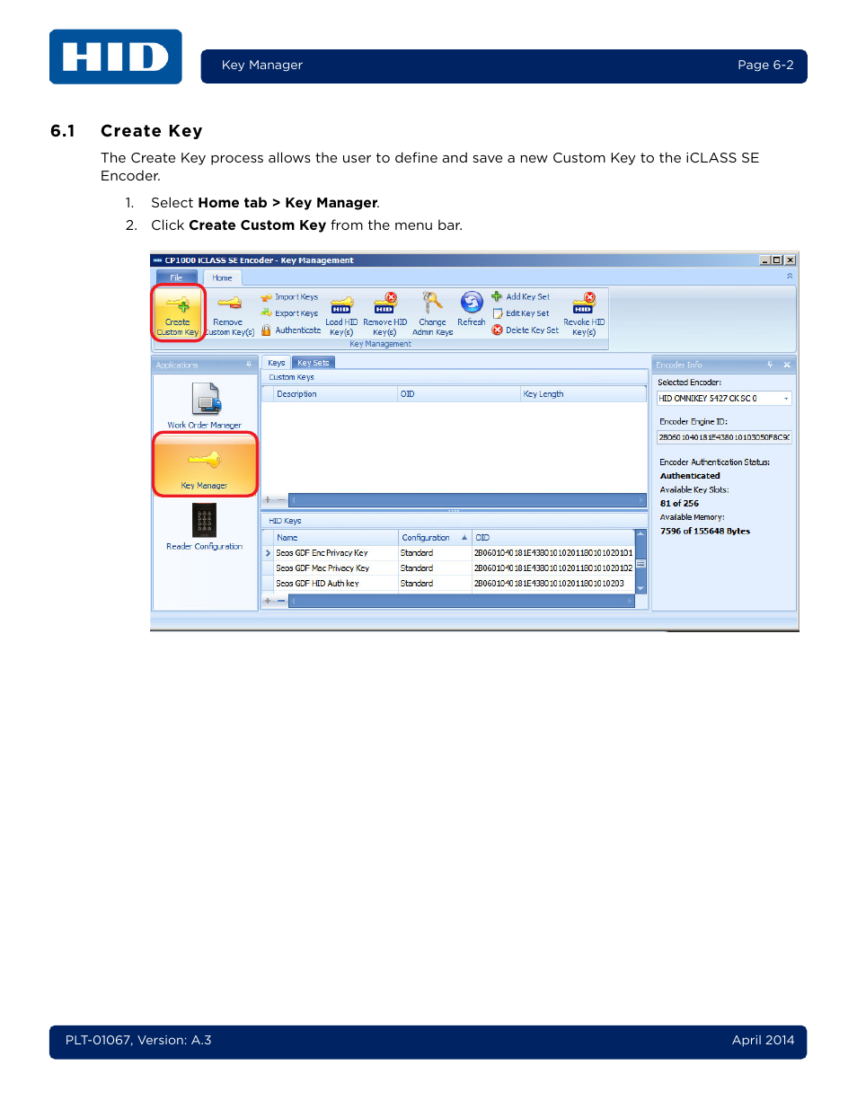 1 create key, Create key -2 | HID iCLASS SE Encoder User Guide User Manual | Page 120 / 186