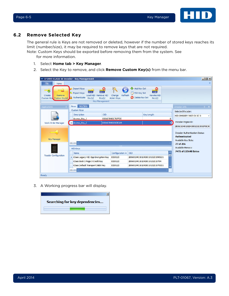 2 remove selected key, Remove selected key -5 | HID iCLASS SE Encoder User Guide User Manual | Page 123 / 186