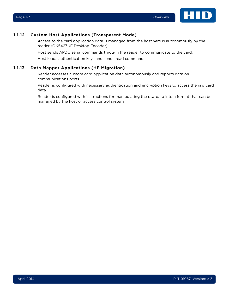 12 custom host applications (transparent mode), 13 data mapper applications (hf migration), Custom host applications (transparent mode) -7 | Data mapper applications (hf migration) -7 | HID iCLASS SE Encoder User Guide User Manual | Page 13 / 186