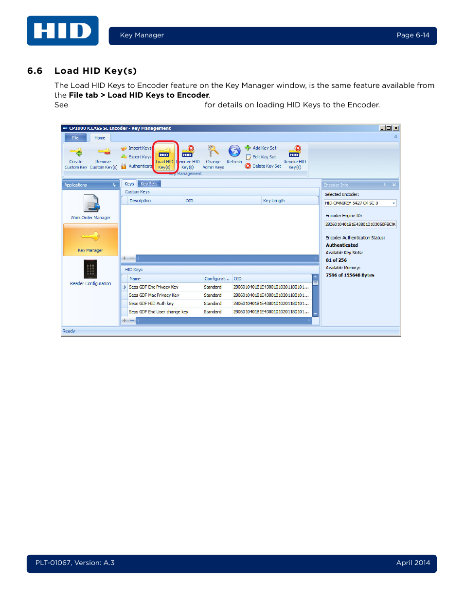 6 load hid key(s), Load hid key(s) -14 | HID iCLASS SE Encoder User Guide User Manual | Page 132 / 186