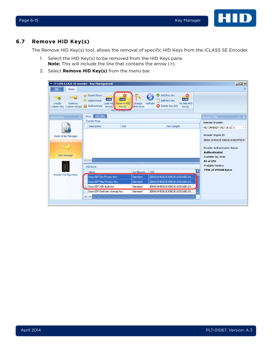 7 remove hid key(s), Remove hid key(s) -15 | HID iCLASS SE Encoder User Guide User Manual | Page 133 / 186